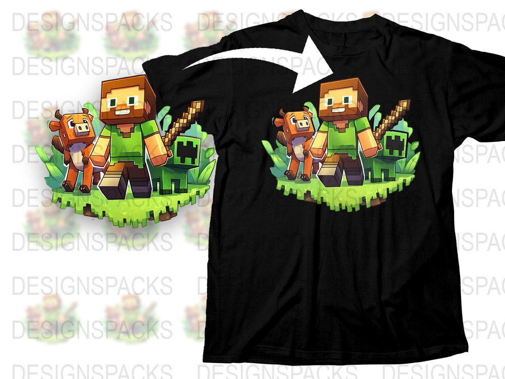 Kids Black Minecraft T-Shirt, Pixel Game Characters Graphic Tee, Boys Gamer Shirt, Casual Video Game Clothing, Gift for Children