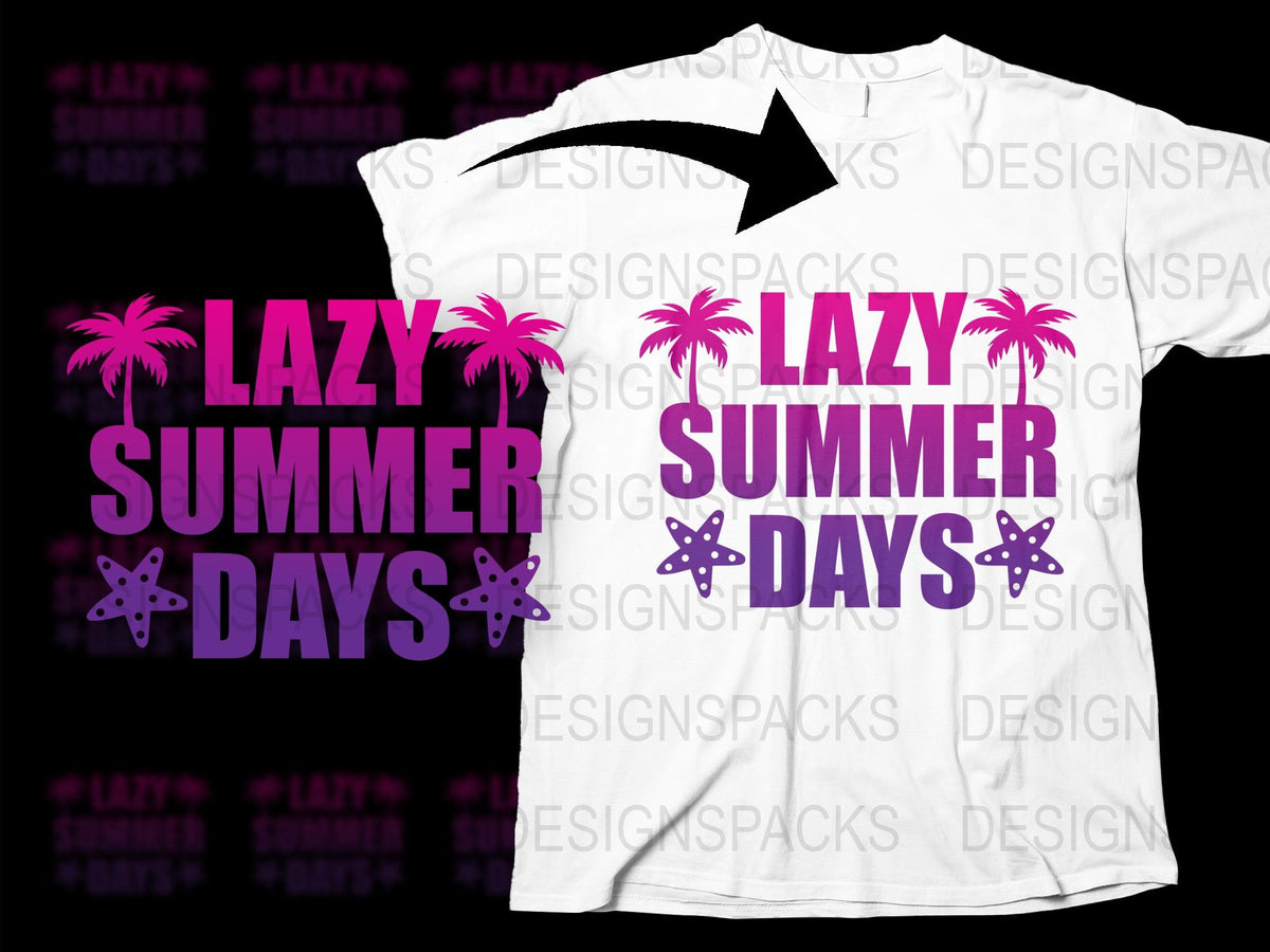 Lazy Summer Days T-Shirt, White Tee with Pink Palms and Purple Stars, Unisex Casual Top