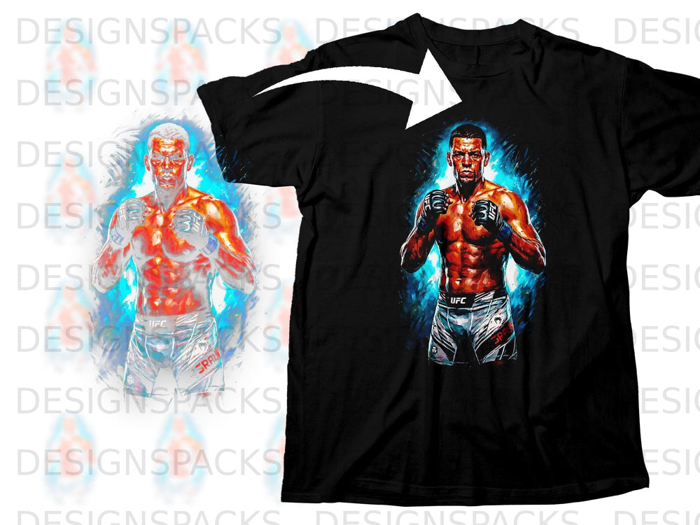Black t-shirt with UFC fighter Nate Diaz graphic in vibrant colors.