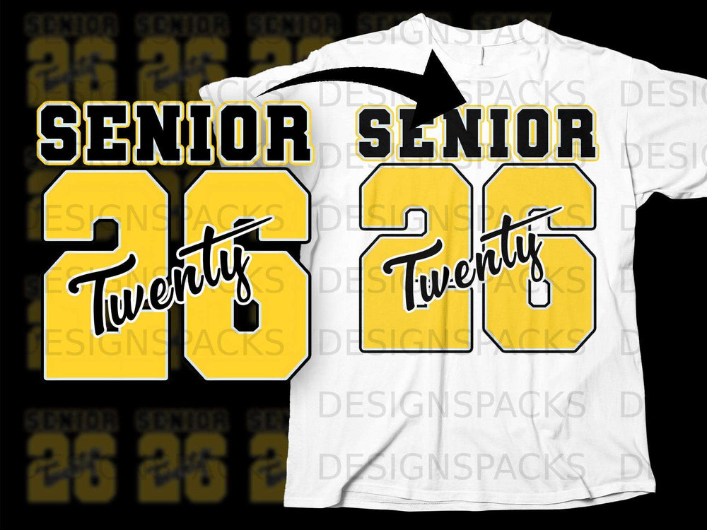 Yellow and black "Senior 26 Twenty" graphic on a white t-shirt.