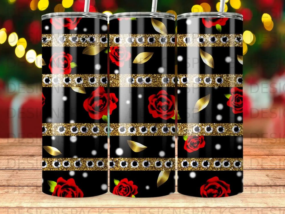Black tumbler with gold glitter stripes and red roses pattern.