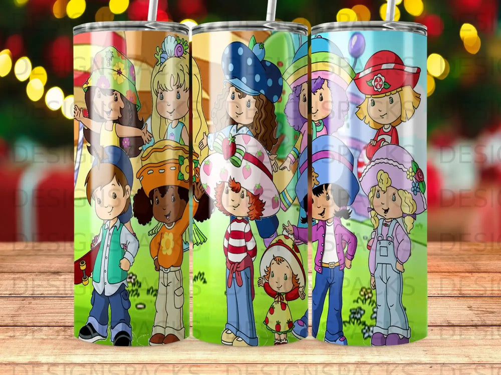 Strawberry Shortcake characters in colorful outfits on a tumbler design.