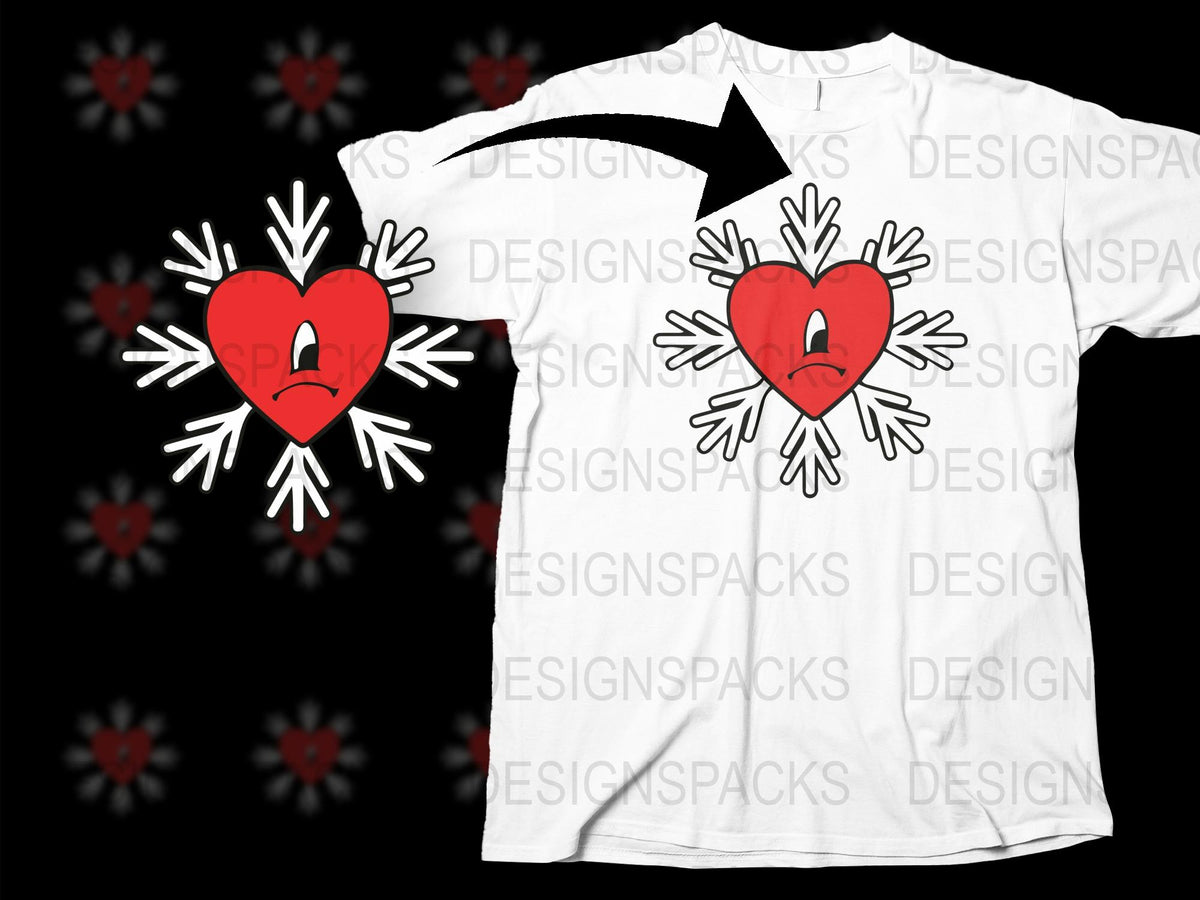 Heart Snowflake Graphic T-Shirt, Unique Love Themed Tee, Stylish Red and White Design, Casual Wear