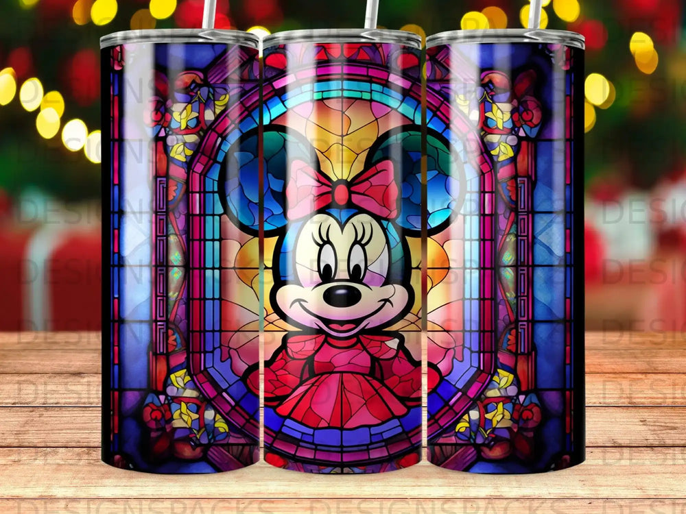 Stained glass Minnie Mouse with colorful floral border and bokeh lights.
