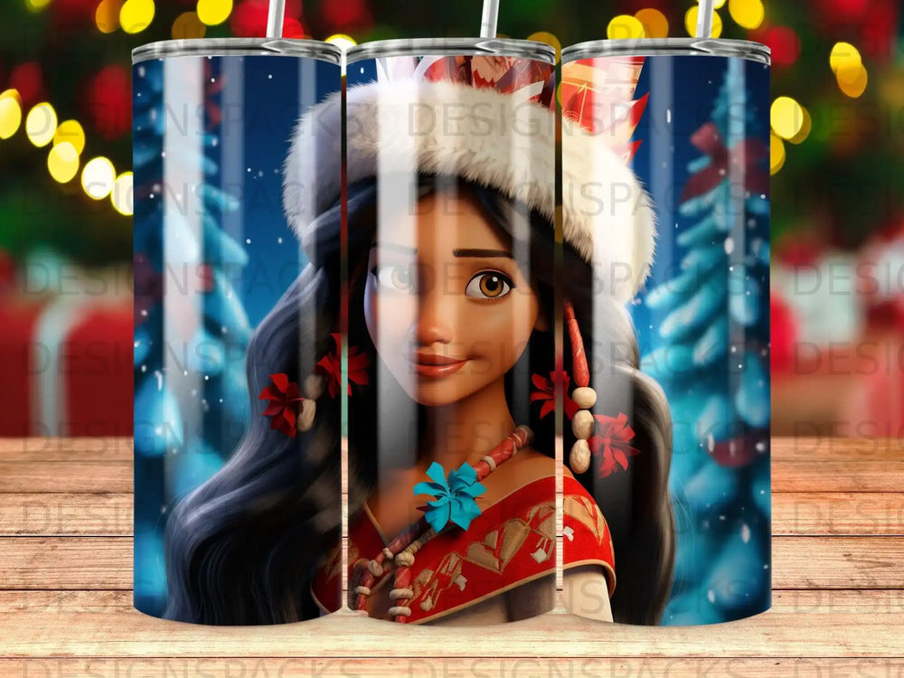 Mulan with dark hair and red beaded necklace on a blue background.