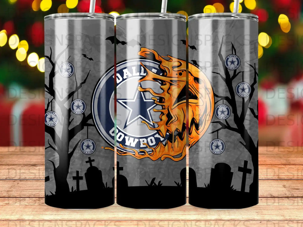 Dallas Cowboys themed tumbler with spooky graveyard and pumpkin imagery.
