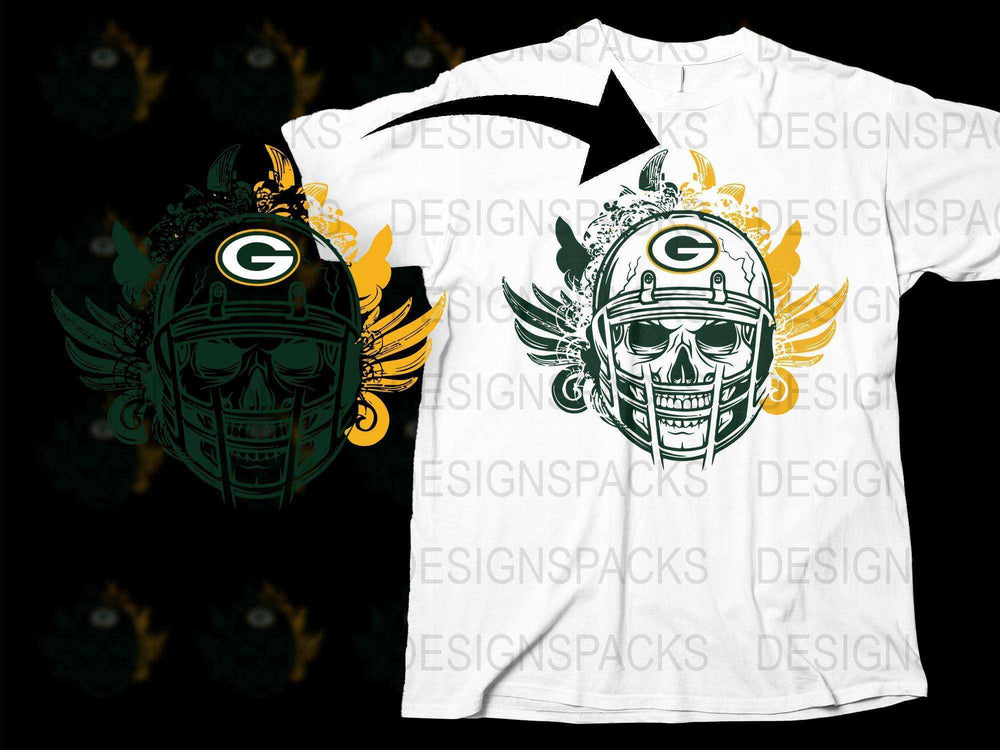 Green Bay Football Graphic T-Shirt, Tribal Skull Design, Sports Fan Apparel, Casual Wear