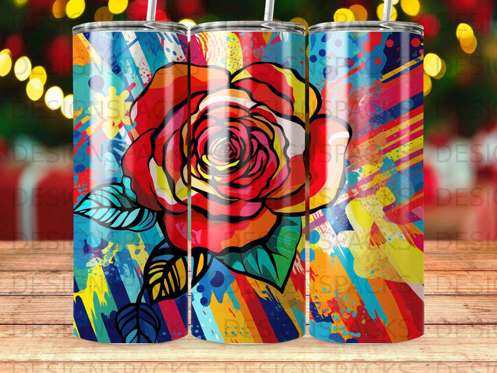 Colorful abstract rose design on a cylindrical tumbler.