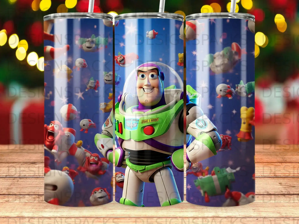 Buzz Lightyear and Toy Story characters in action pose on a cylindrical tumbler.