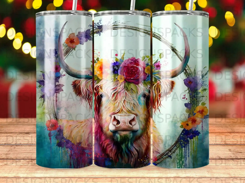 Highland cow with colorful floral headdress and watercolor accents.