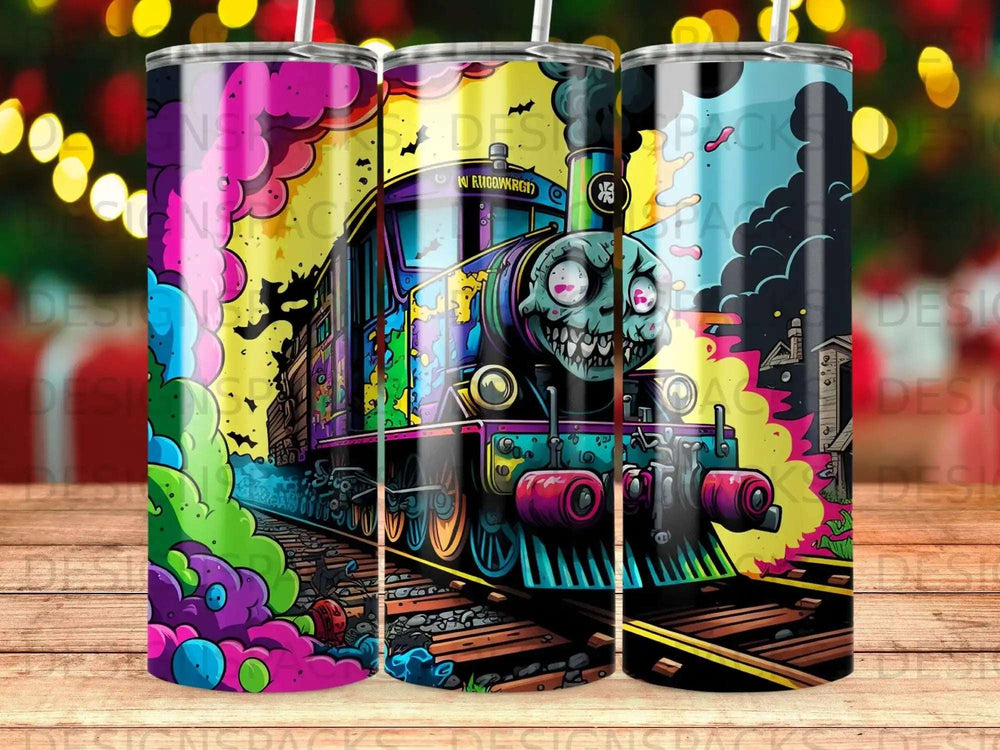Colorful spooky train with skull face on railway tracks.