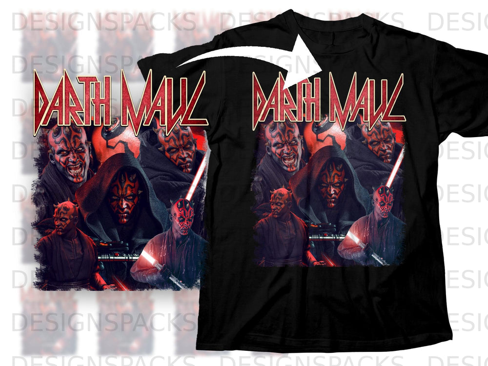 Black t-shirt with Darth Maul collage and red lightsabers.