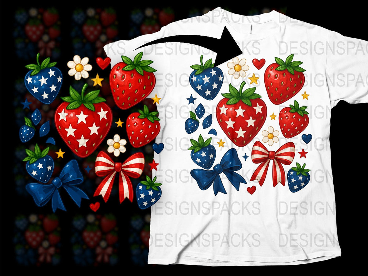 Patriotic Strawberry T-Shirt, American Flag Fruit Design, Summer Casual Wear, July 4th Independence Day Outfit, Unisex Graphic Tee