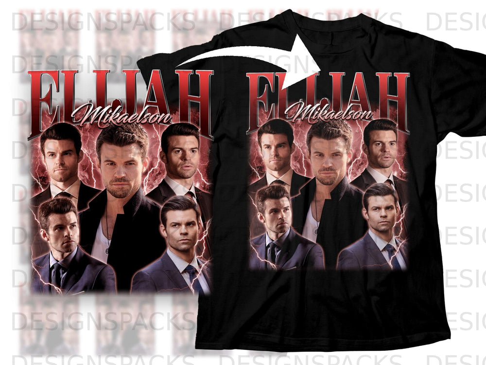 Elijah Mikaelson collage on black t-shirt with lightning accents.