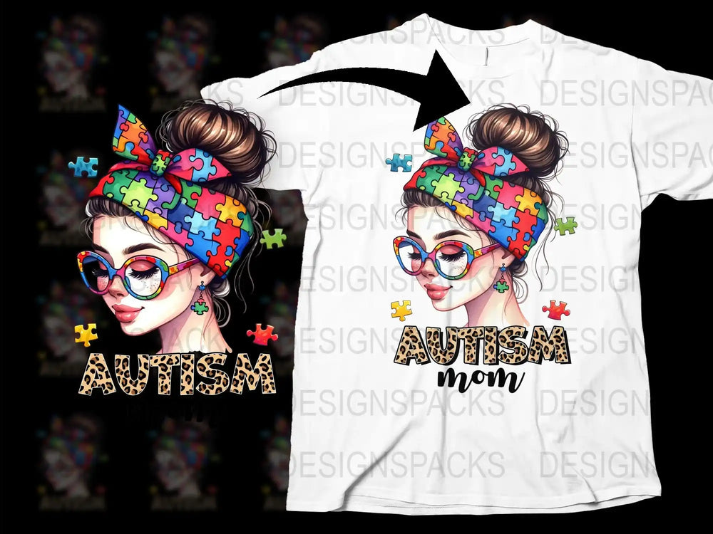 Colorful Autism Awareness Puzzle Piece T-Shirt, Autism Mom Tee, Bright Bow and Glasses Design, Supportive Fashion Top