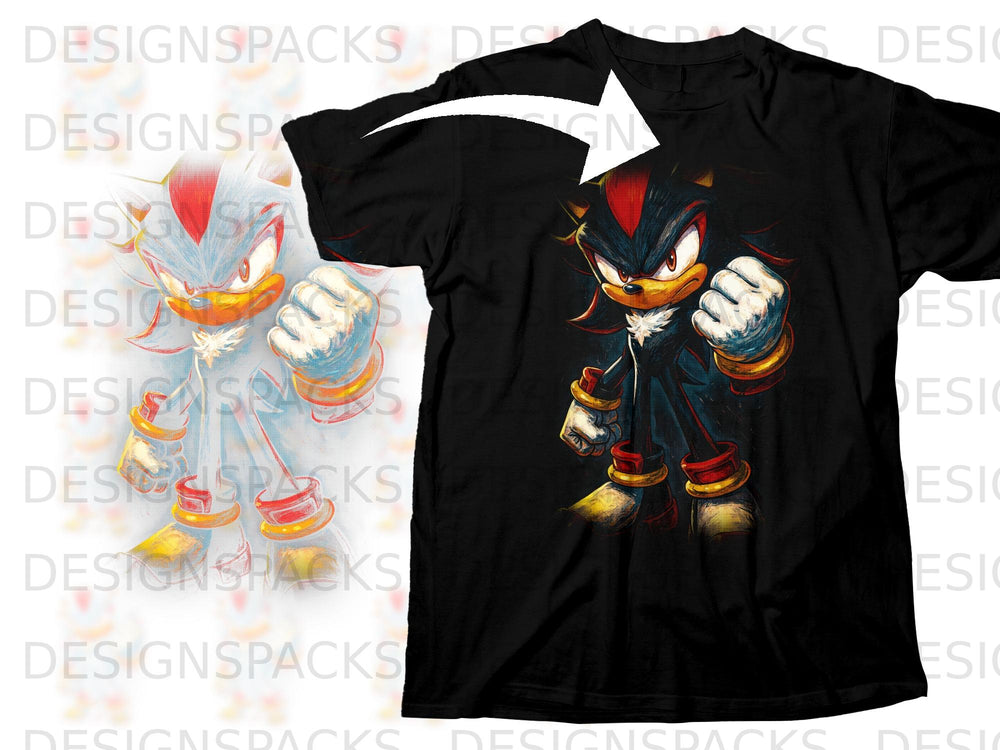 Black t-shirt featuring an illustration of Shadow the Hedgehog with red accents.
