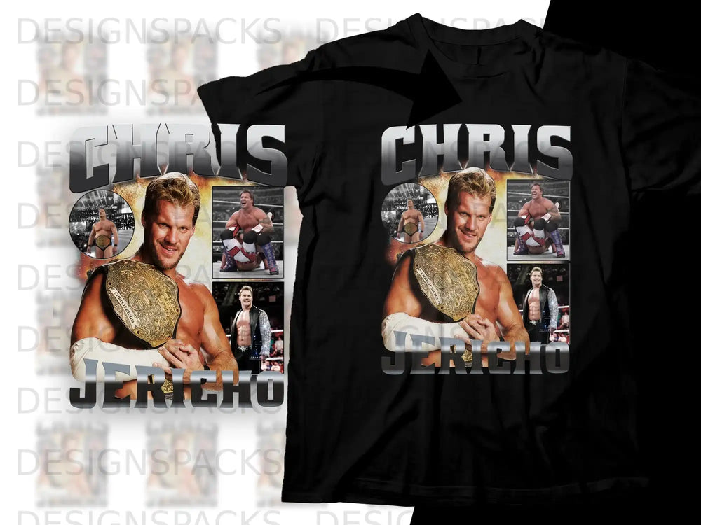 Chris Jericho wrestling shirt with a full-body image of Jericho holding a championship belt.