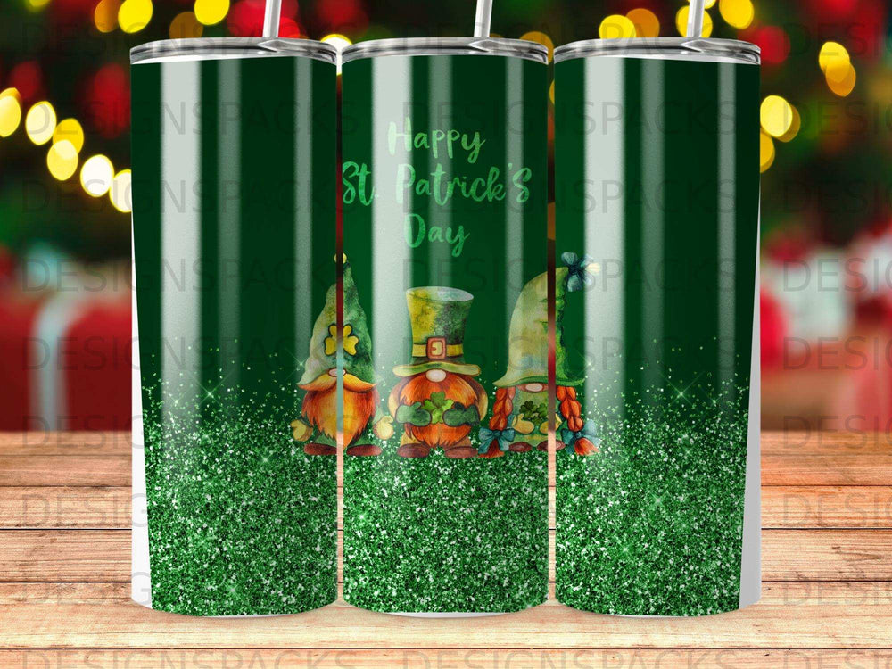 St. Patrick's Day gnomes with green glitter and shamrocks.