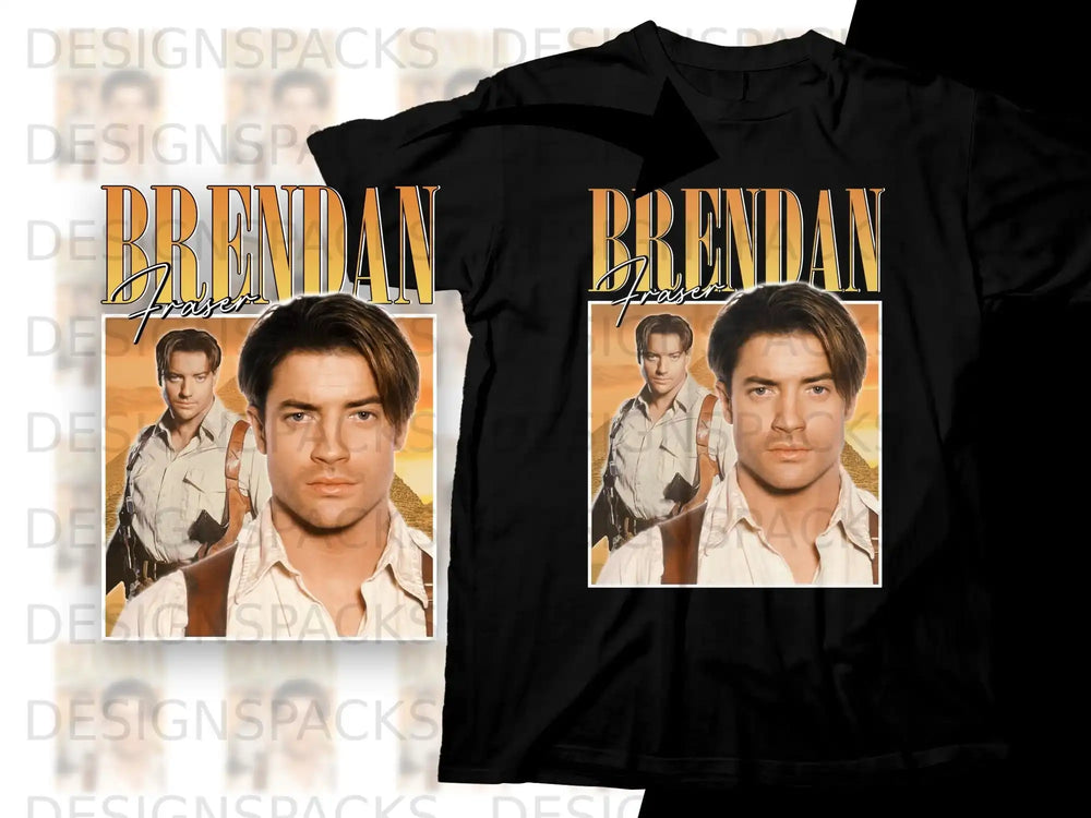 Brendan Fraser in Mummy costume on black t-shirt graphic.