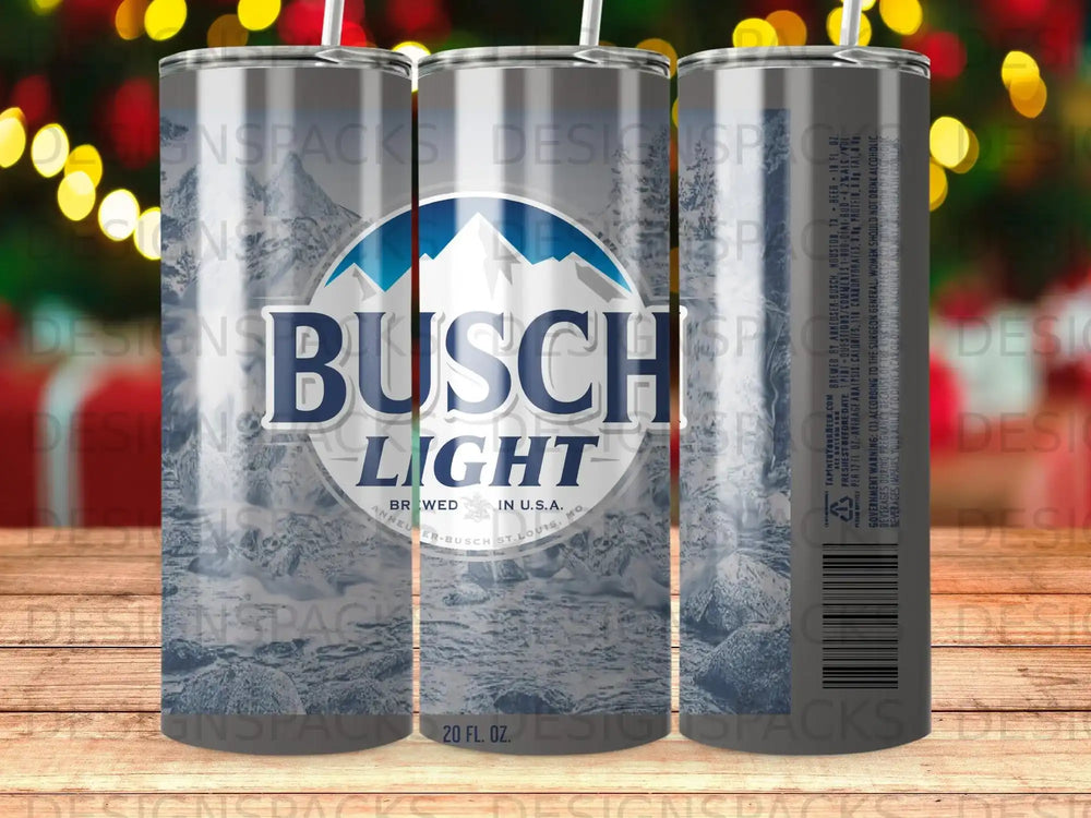 Busch Light 20 oz tumbler with mountain and trees graphic.