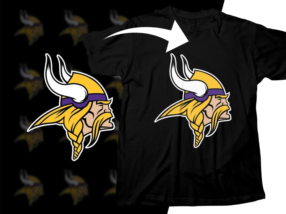 Minnesota Vikings logo design on black t-shirt, print-ready for DTG or DTF
