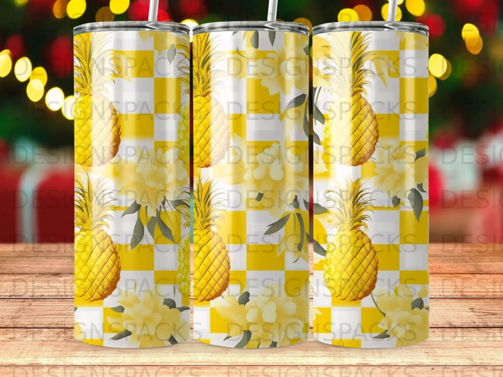 Yellow checkerboard pattern with repeated pineapple graphics and floral accents.