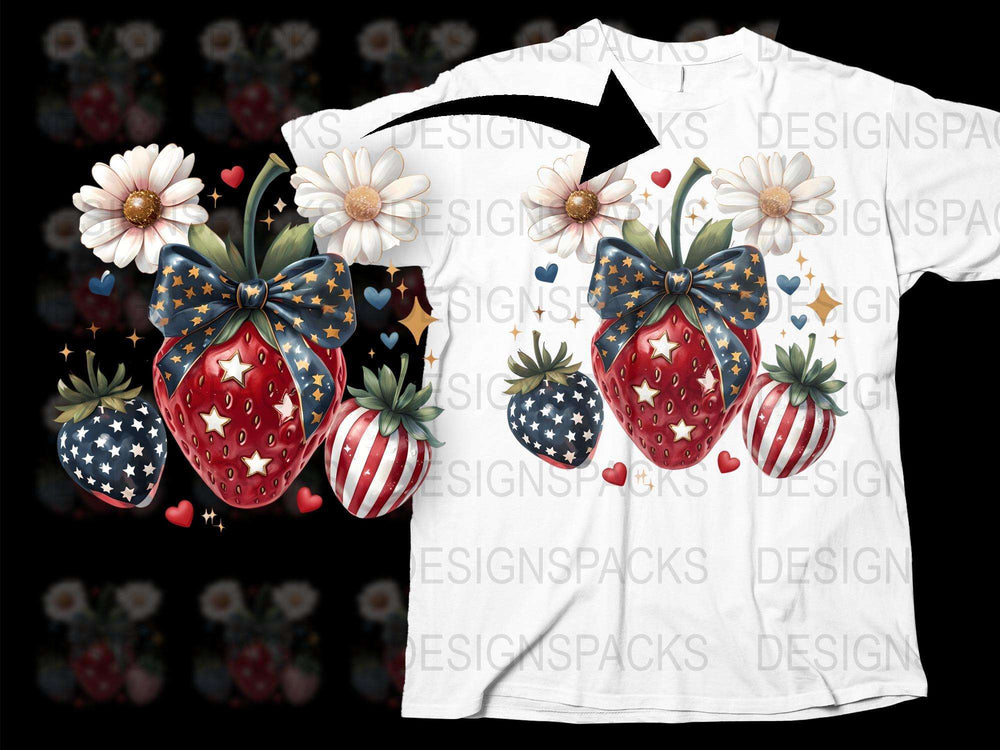 Floral Strawberry T-Shirt, Women's Summer Top, White Cotton Tee with Daisy and Berry Print, Casual Graphic Shirt