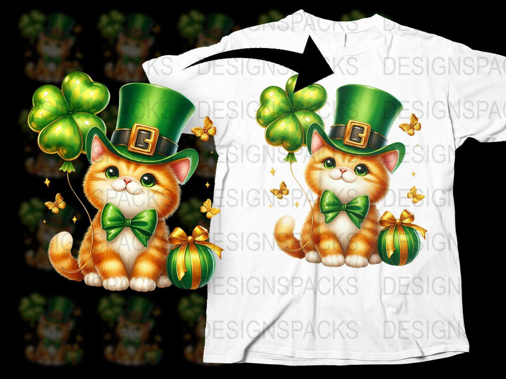 St. Patrick's Day T-Shirt, Cute Cat with Hat and Clover, Irish Festival Clothing, Lucky Charm Graphic Tee, Unisex Adult Sizes
