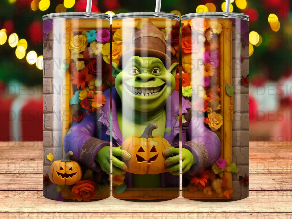 Shrek holds a carved pumpkin with floral and brick background.