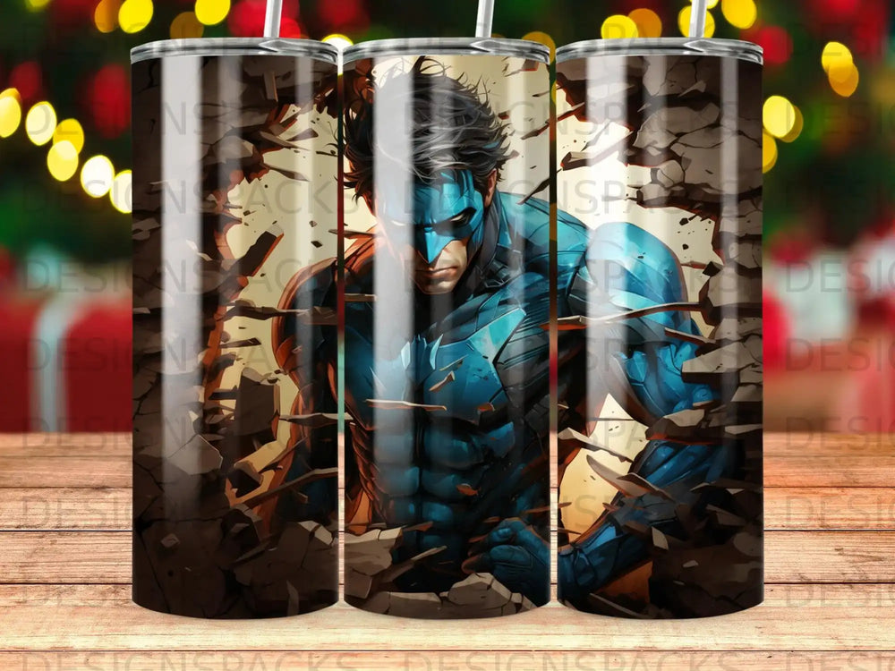 Batman breaking through a cracked wall, stylized illustration.