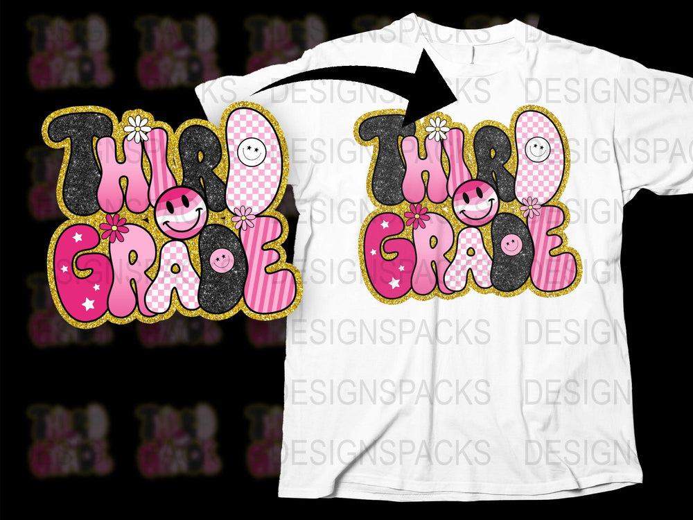 Third Grade T-Shirt, Cute Kids Smile Face Design, Pink Black Yellow Graphic Tee