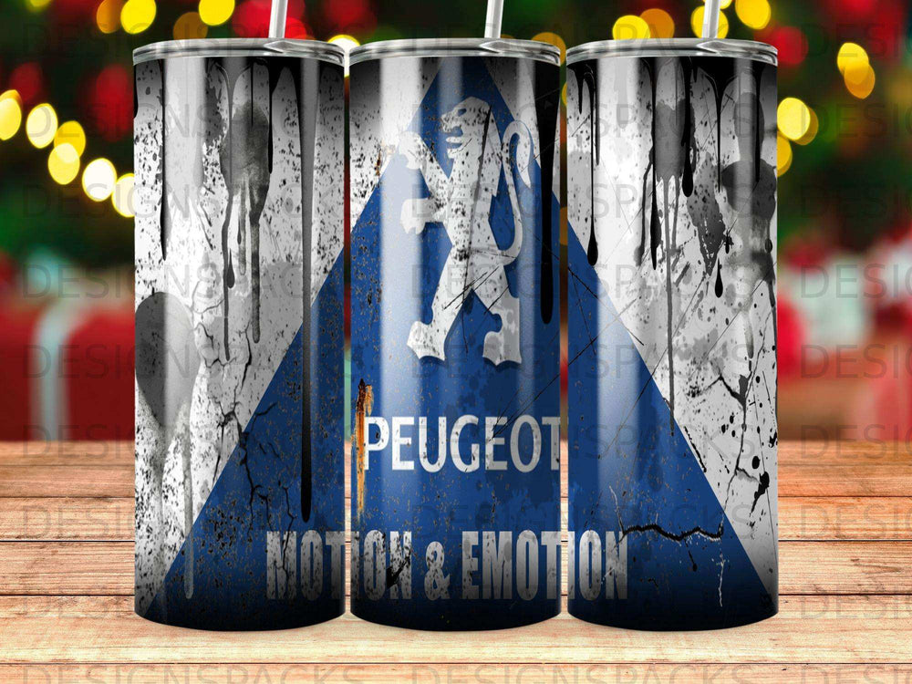 Peugeot lion logo on distressed background with "Motion & Emotion" text.