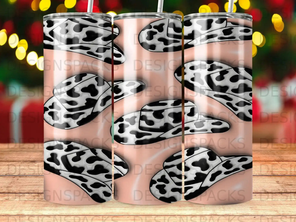 Cow print cowboy hats pattern on a cylindrical object.