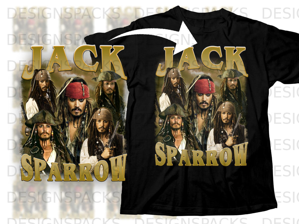 Black t-shirt featuring multiple images of Jack Sparrow with "JACK SPARROW" text.