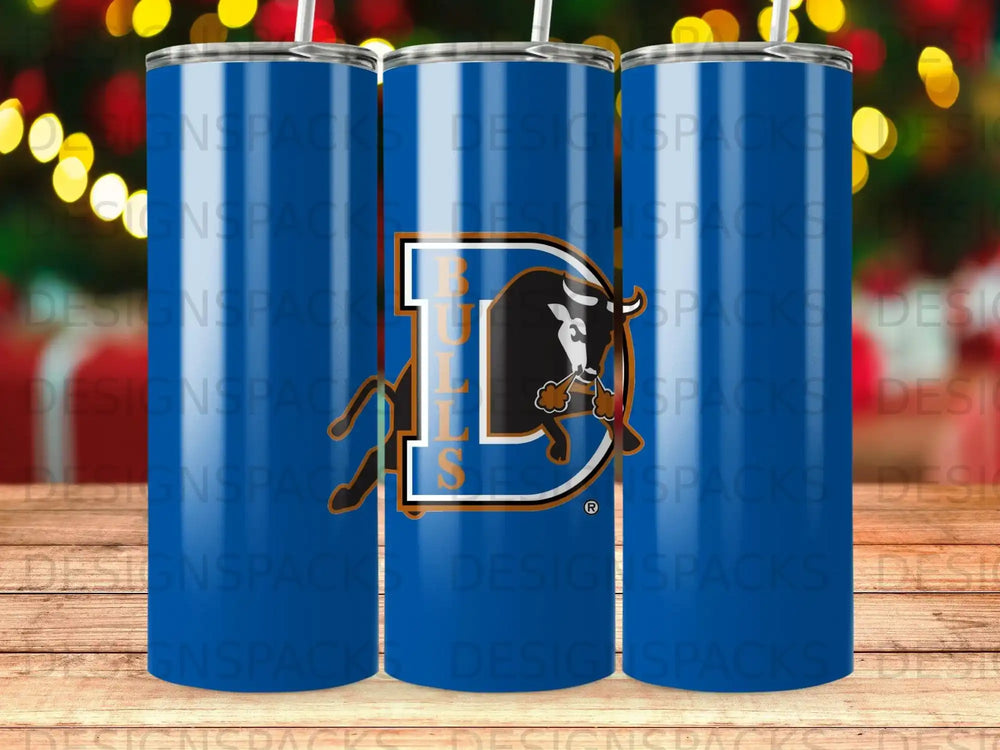 Blue tumbler with a red and black bull logo.