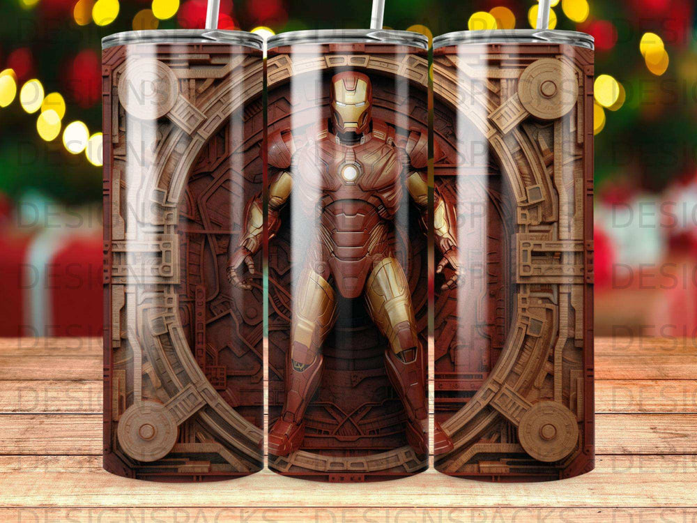 Iron Man suit centered within a circular, gear-like wooden frame.