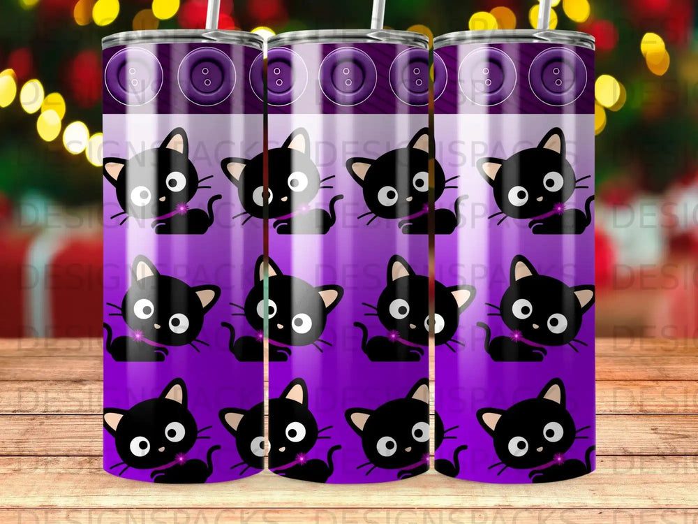 Three purple tumblers with a black cat design and purple bow.