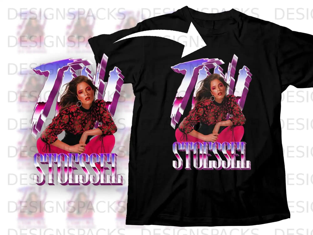 Black t-shirt featuring a woman's portrait and the text "STOESSEL".