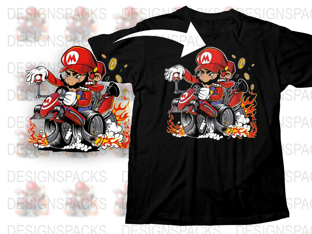 Super Kart Racer Graphic T-Shirt, Mario Inspired Racing Tee, Cool Video Game Character Shirt, Flame Design, Casual Wear
