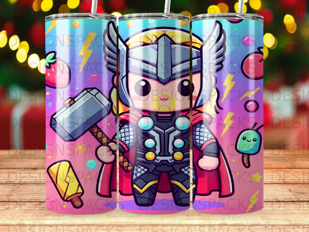 Chibi Thor character with Mjolnir, holding a hammer, on a colorful tumbler.