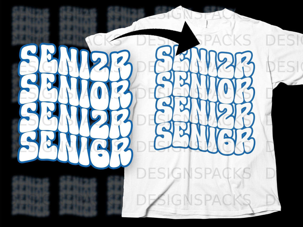 White t-shirt with repeating blue and white "SENIOR" text graphic.