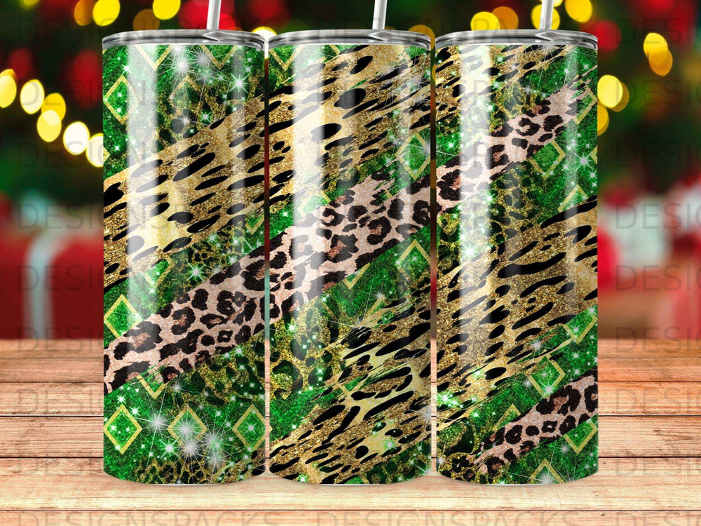 Three tumblers with gold glitter, green diamond patterns, and leopard print.