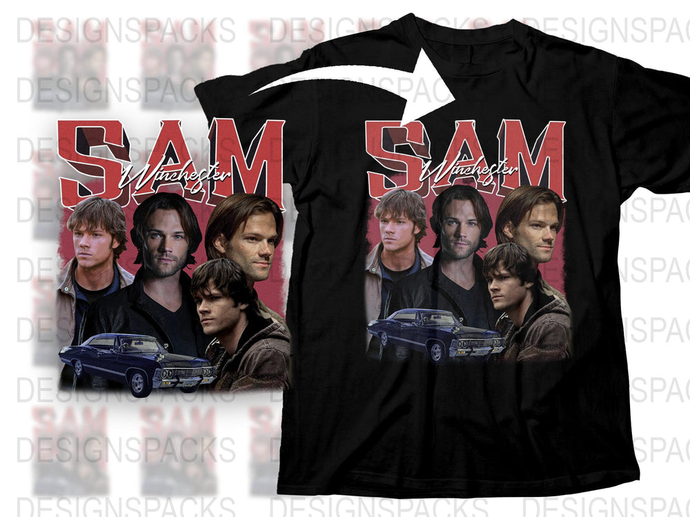 Supernatural Sam Winchester Graphic T-Shirt, Vintage Style TV Show Tee, Fan Merchandise, Multiple Poses, Black Cotton Shirt