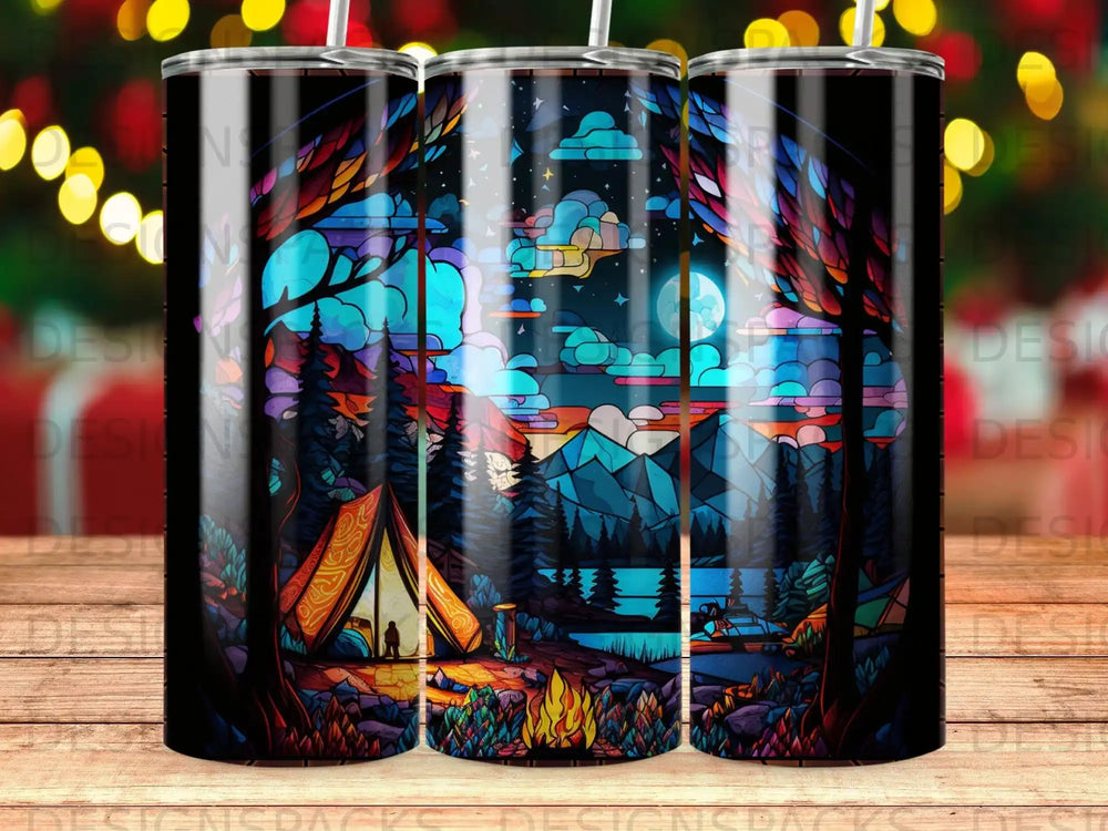 Tent camping scene under a colorful night sky with mountains and lake.