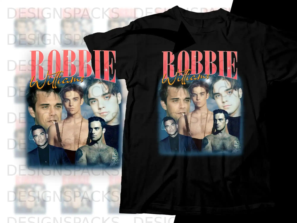 Robbie Williams graphic tee with his portrait and name.