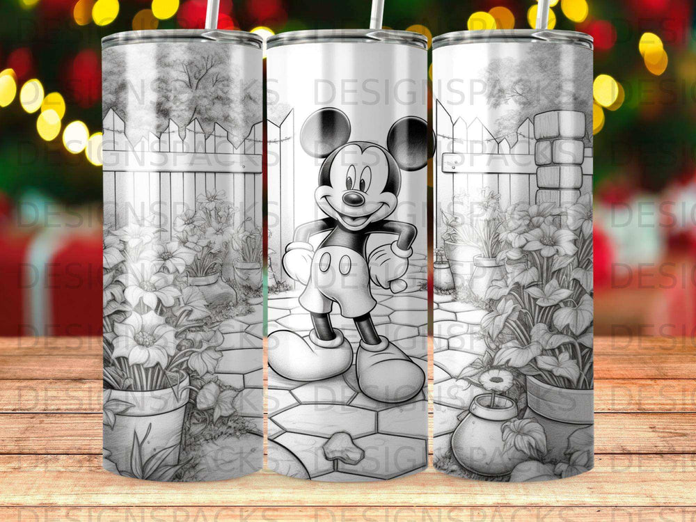 Mickey Mouse in a garden setting, rendered in grayscale, on a tumbler.