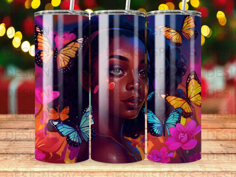 Woman with butterflies and flowers on a colorful tumbler.