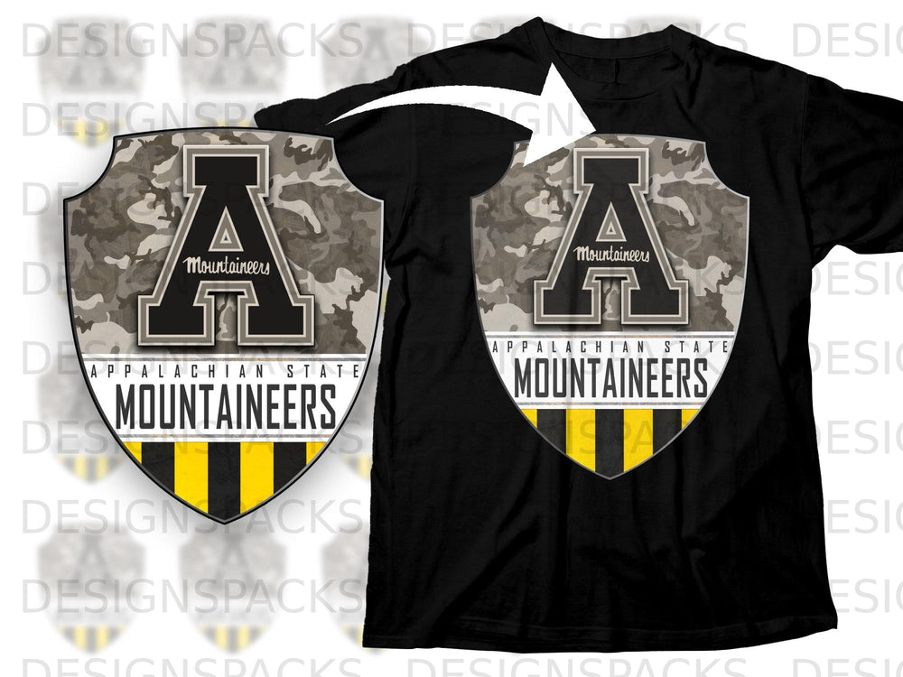 Black t-shirt featuring Appalachian State Mountaineers logo with camouflage pattern.