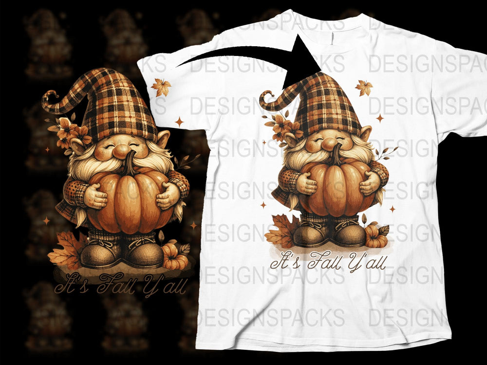 Fall Gnome T-Shirt, Autumn Pumpkin Graphic Tee, Cozy Fall Y'all Casual Shirt