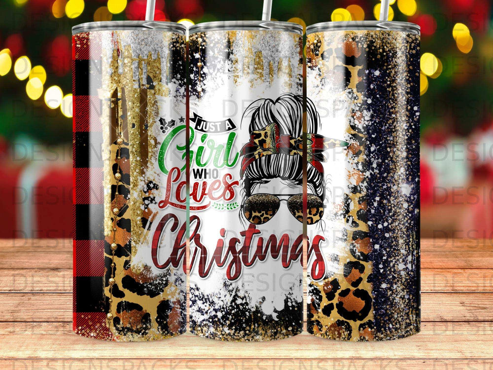 Girl who loves Christmas tumbler with buffalo plaid and leopard print.